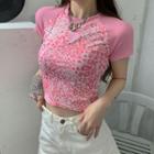 Short-sleeve Leopard Print Heart Embroidery Cropped Raglan T-shirt Pink - One Size