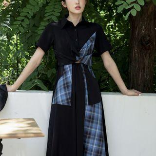 Short-sleeve Plaid Panel Cutout Shirtdress