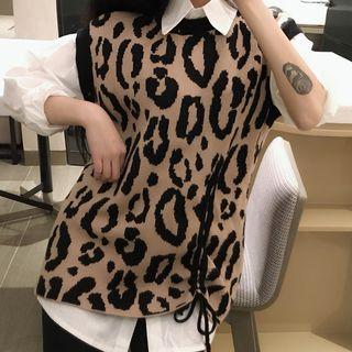 Plain Shirt/ Leopard Patterned Sweater Vest