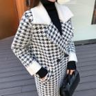 Wide-lapel Houndstooth Knit Coat Black - One Size