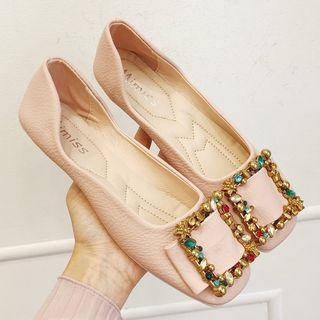 Rhinestone Buckled Faux Leather Flats