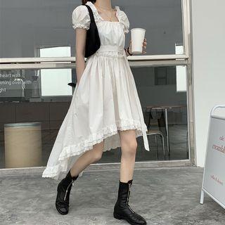 Asymmetric Hem Puff-sleeve Midi A-line Dress White - One Size