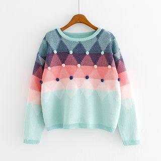 Pompom Argyle Patterned Sweater
