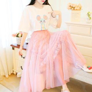 Elbow-sleeve Printed T-shirt / Midi A-line Mesh Skirt