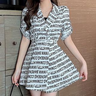Set: 3/4-sleeve Lettering Print Double-breasted Mini Blazer Dress + Shorts