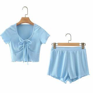 Short-sleeve Drawstring Cropped T-shirt / Band-waist Shorts
