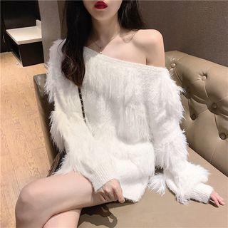 Long-sleeve Asymmetric Shoulder Furry Top