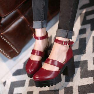 Faux Leather Ankle Strap Platform Chunky Heel Pumps
