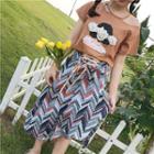 Printed Short-sleeve T-shirt / Lace-up A-line Skirt