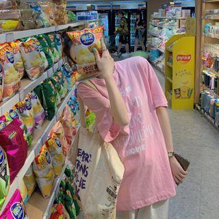 Short-sleeve Letter Print Split T-shirt Pink - One Size
