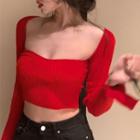 Long-sleeve Plain Knit Crop Top Red - One Size