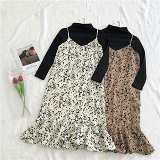 Plain Mock-neck Long-sleeve Top / Floral Sleeveless Dress