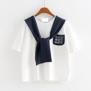 Printed Color Panel Sailor Collar Short Sleeve T-shirt