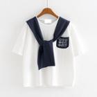 Printed Color Panel Sailor Collar Short Sleeve T-shirt