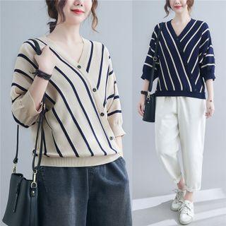 3/4-sleeve V-neck Striped Knit Top