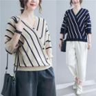 3/4-sleeve V-neck Striped Knit Top