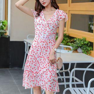 Short-sleeve Cherry Print Frill Trim A-line Dress