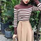 Striped Turtleneck Long Sleeve Knit Top / Plain Midi Flared Skirt