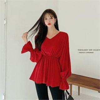 V-neck Ruched Peplum Blouse