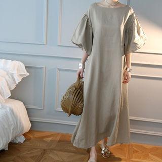 Balloon-sleeve Linen A-line Dress