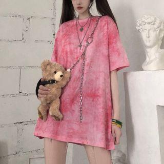 Elbow-sleeve Tie-dyed T-shirt Pink - One Size