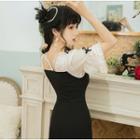 3/4-sleeve Floral Embroidered Frill Trim Slit Midi A-line Dress