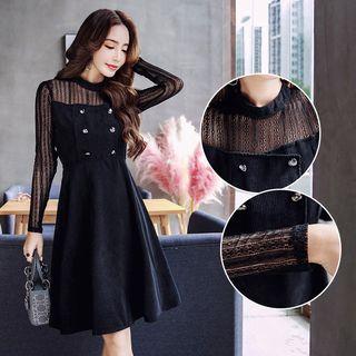 Double-buttoned Lace Panel A-line Dress
