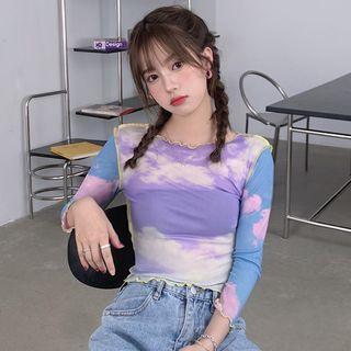 Long-sleeve Tie-dye Print T-shirt As Shown In Figure - One Size