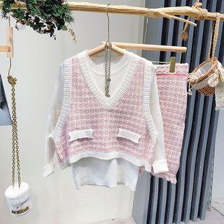 Set: Plain Knit Top + Plaid V-neck Vest + Straight-fit Skirt