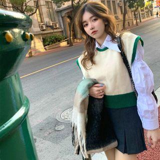 Color-block Knit Vest / Long-sleeve Blouse / Pleated Mini Skirt