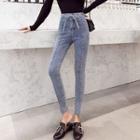 Plain Lace-up High-waist Slim-fit Jeans