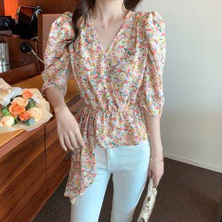 V-neck Asymmetrical Hem Floral Blouse