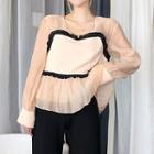 V-neck Ruffle Trim Long-sleeve Top As Shown In Figure - One Size