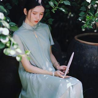 Short-sleeve Midi A-line Dress Matcha Green - One Size