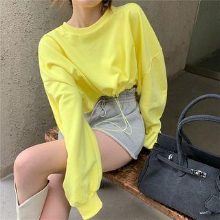Plain Drawstring Long-sleeve Crop Top - 4 Colors