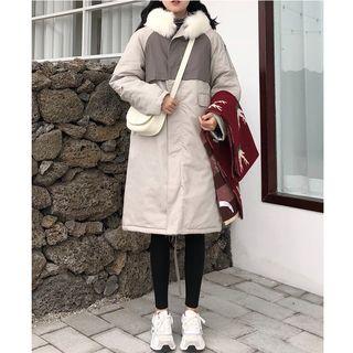 Furry Trim Hooded Color Block Padded Coat