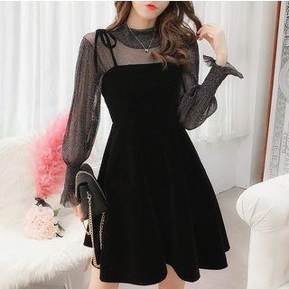Set: Spaghetti Strap A-line Mini Dress + Long-sleeve Sheer Top