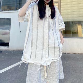 Short Sleeve Tie-dye Chain Accent Distressed Oversized Shirt