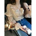 Puff-sleeve Floral Print Square-neck Blouse Blouse - Pink & White - One Size