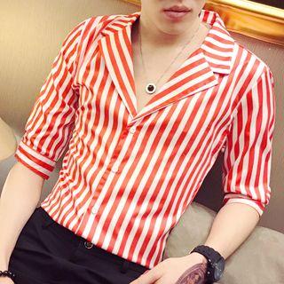 Deep V-neck Striped Elbow-sleeve Shirt