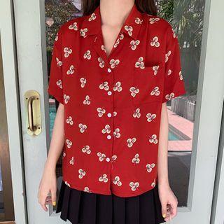 Short-sleeve Leaf Print Shirt Red - One Size
