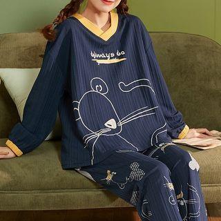 Loungewear Set : Contrast Trim Long-sleeve Mouse Print Top + Pants