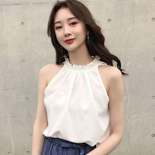 Halter Chiffon Top / Wide-leg Pants With Sash