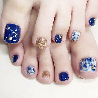 Moon & Star Print Faux Toe Nail Tips J-35 - Blue & Gold - One Size