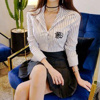 Striped Shirt / High Waist Pleated Skirt