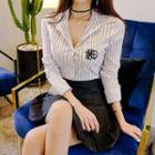 Striped Shirt / High Waist Pleated Skirt