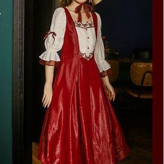 Elbow-sleeve Floral Embroidered Midi Dress