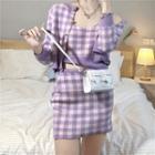 Set: Plaid Cardigan + Spaghetti Strap Knit Top + Mini Fitted Skirt Gingham - Purple - One Size