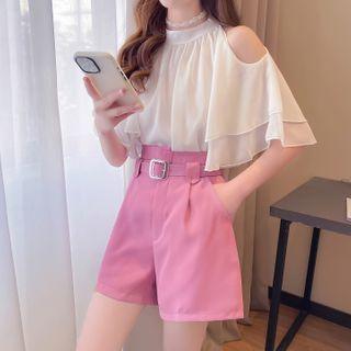 Set: Short-sleeve Cold-shoulder Blouse + Shorts