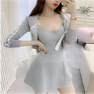 Set: Stripe-side Cropped Zip Hoodie + Spaghetti Strap Mini Dress